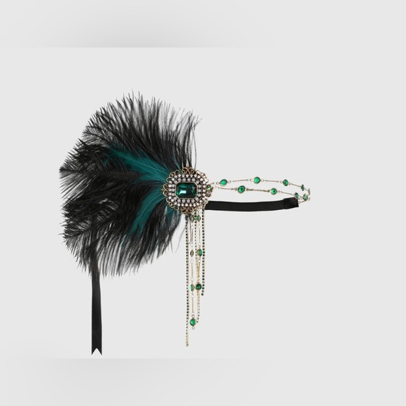 Babeyond beads studded tinted feather headband / forest green / roaring 20s - Picture 4 of 4